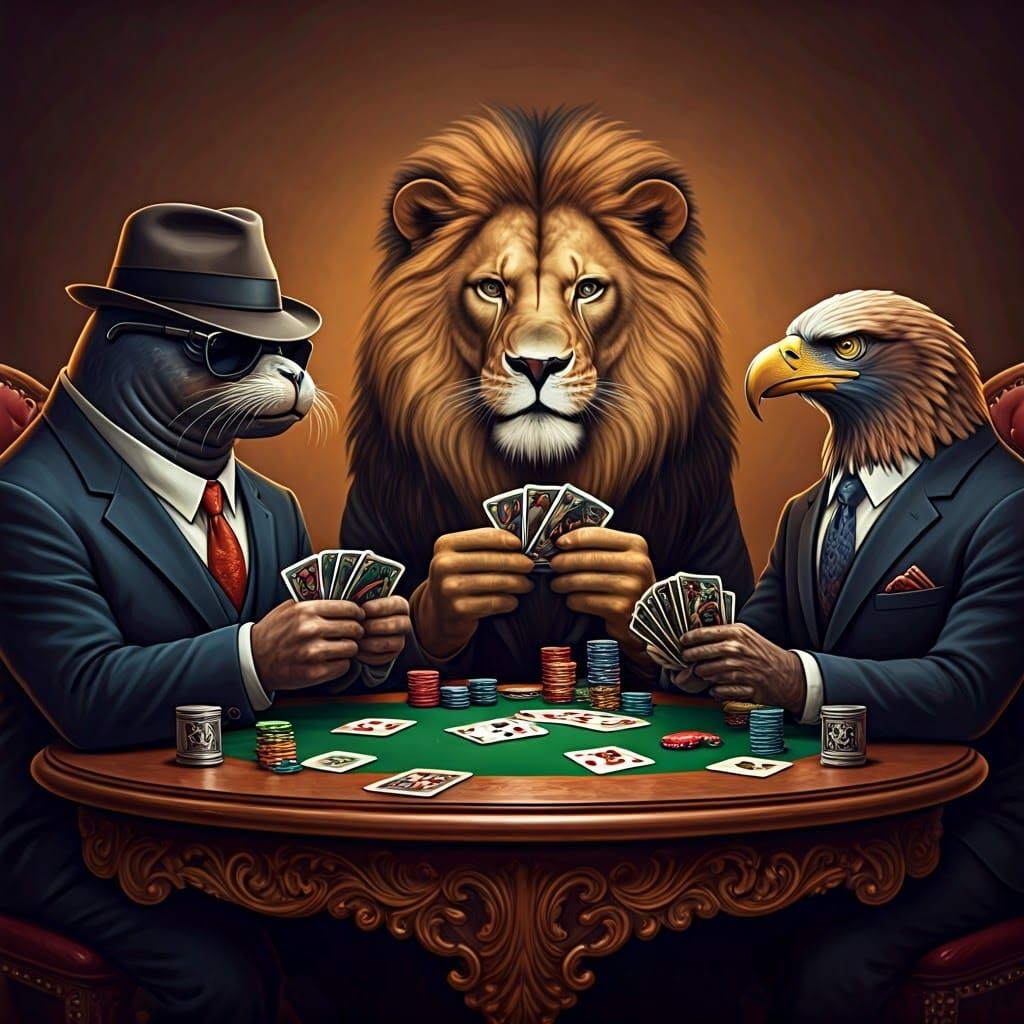 A lion, a sea lion and an eagle playing poker together.