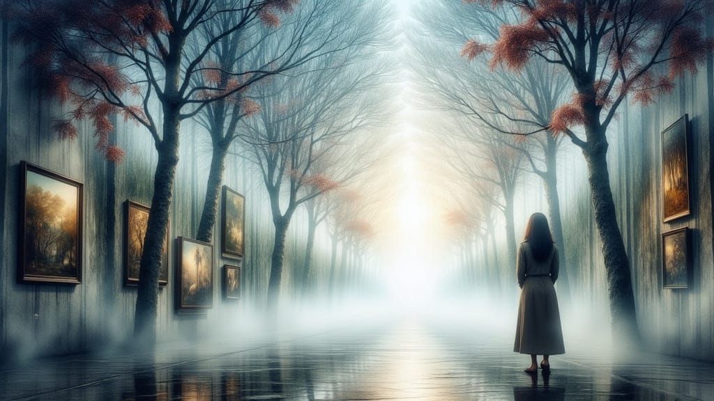 Solitary Woman Before Shifting Dreamscapes in Watercolor Sty...