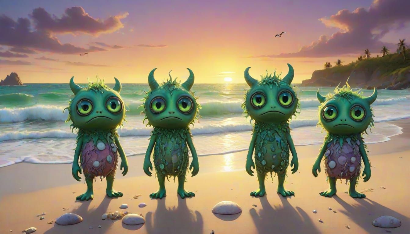 Sad Beach Monsters with Green Eyes at Sunset