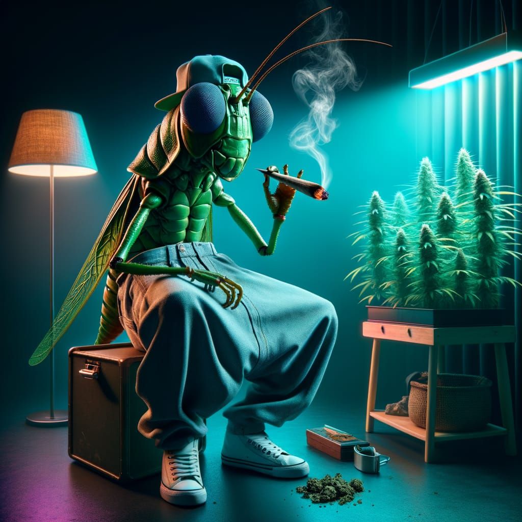 Anthropomorphic Grasshopper Skater in a Cannabis Grow Room
