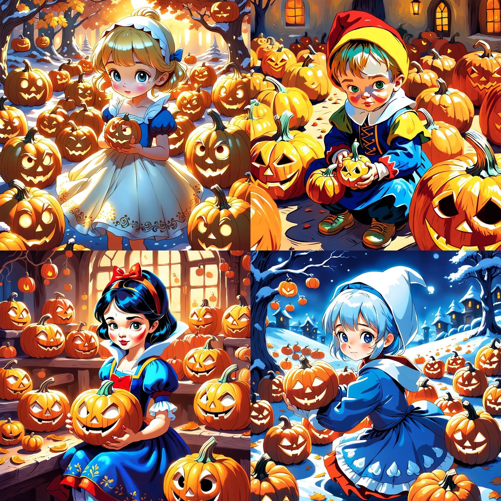 Snow White Carving Pumpkins in Anime Style