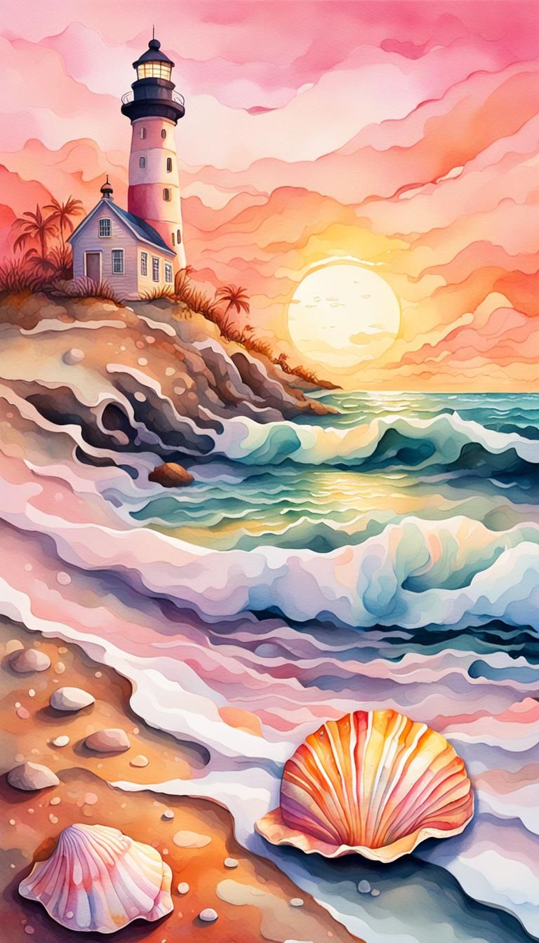 Seaside Landscape Painted on Seashell in Graffiti Art Style