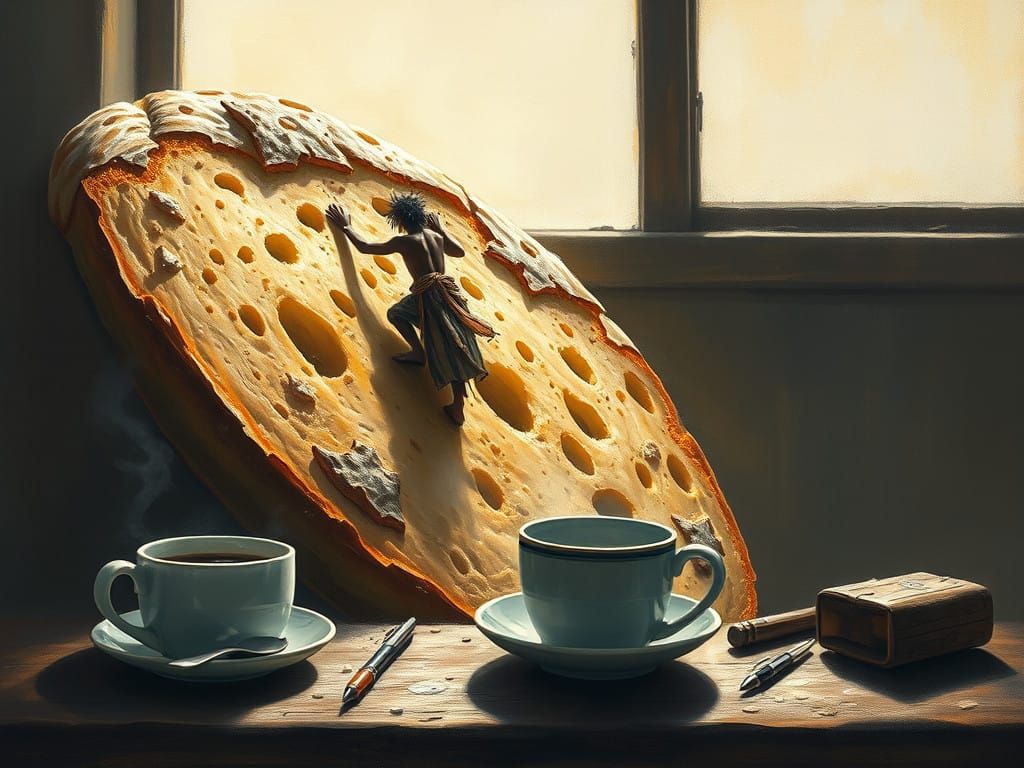 Primitive Warrior Ascends the Colossal Loaf in Whimsical Tem...