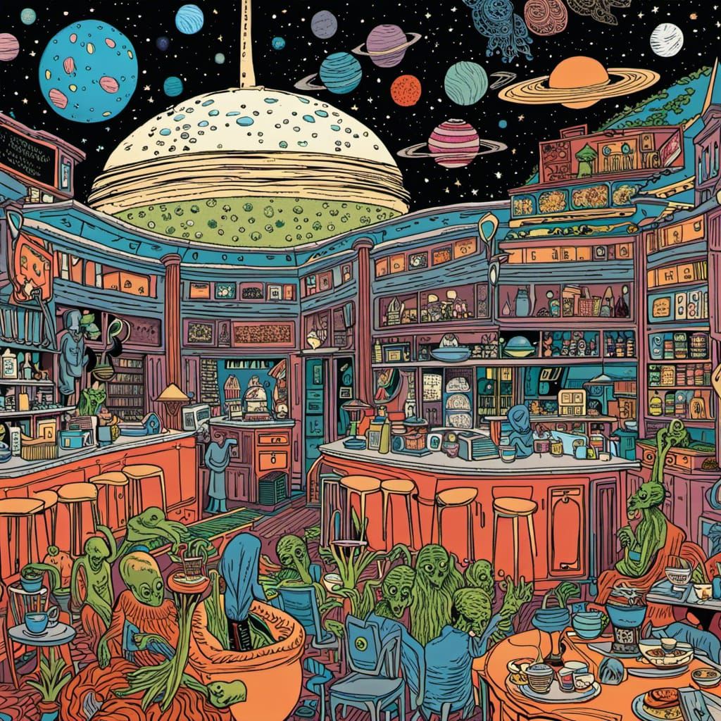 Outer Space Cafe on Alien Planet in Graphic Novel Style