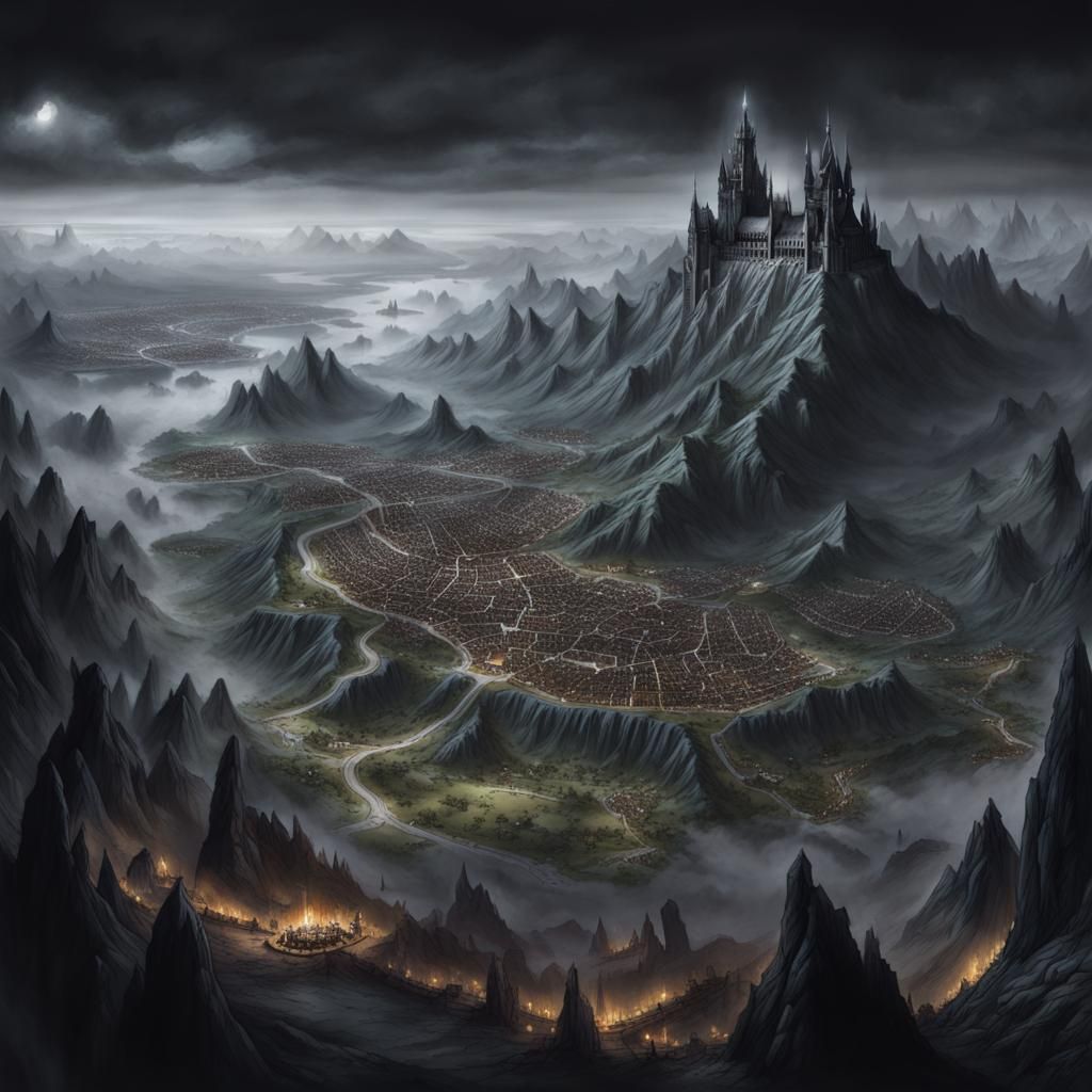 Dark Fantasy World Map: Gothic City in Mist