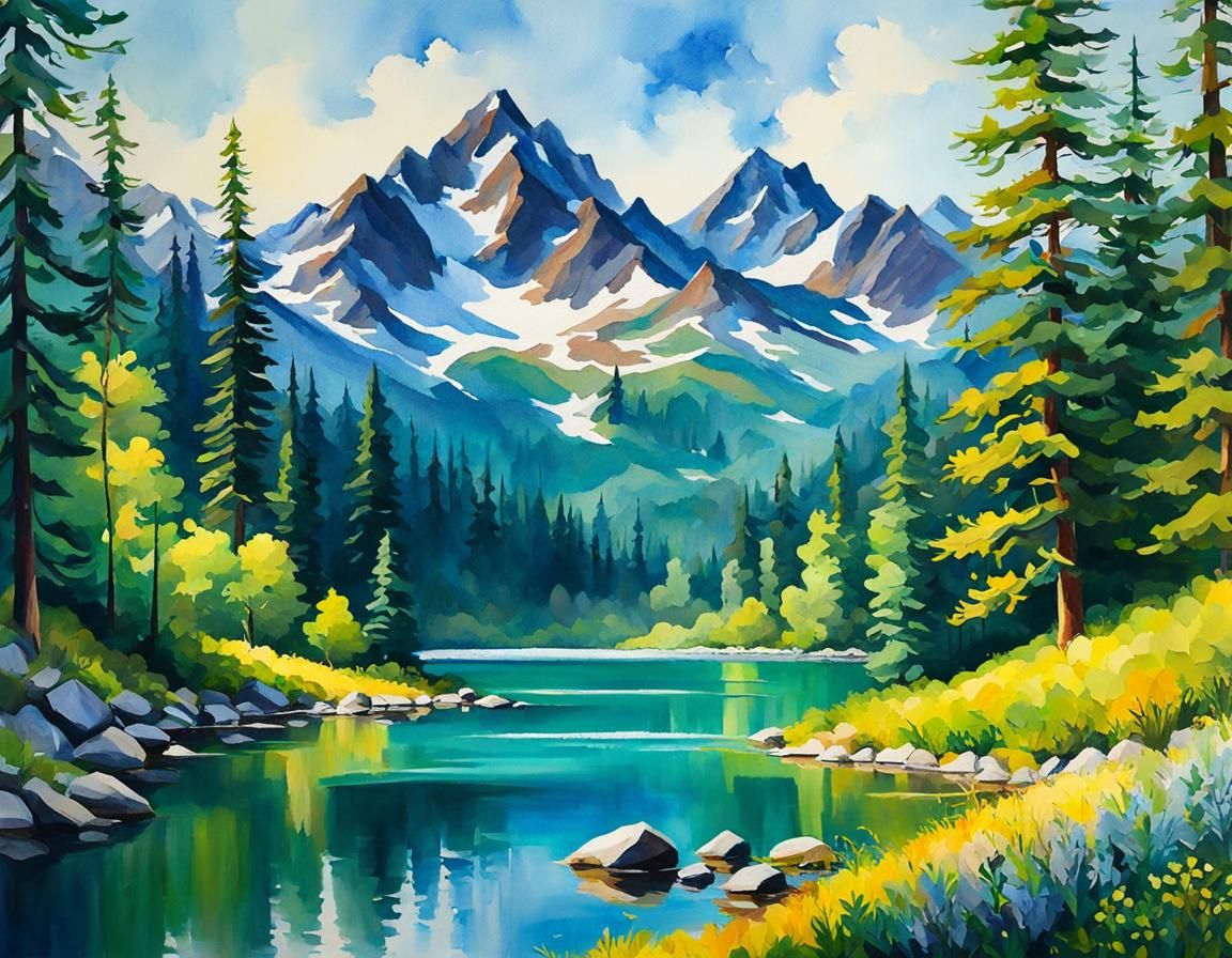 Mountain Lake Forest: Impressionist Gouache Landscape