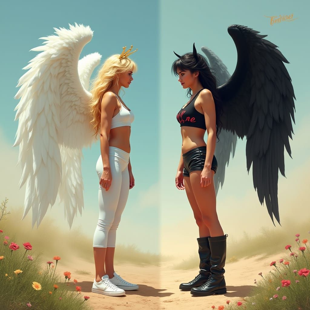 Angel and Devil Face Off in a Vibrant Photorealistic Scene
