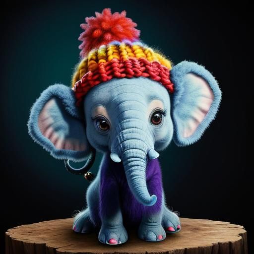 Wooly Baby Elephant with Colorful Hat in Fantasy Art