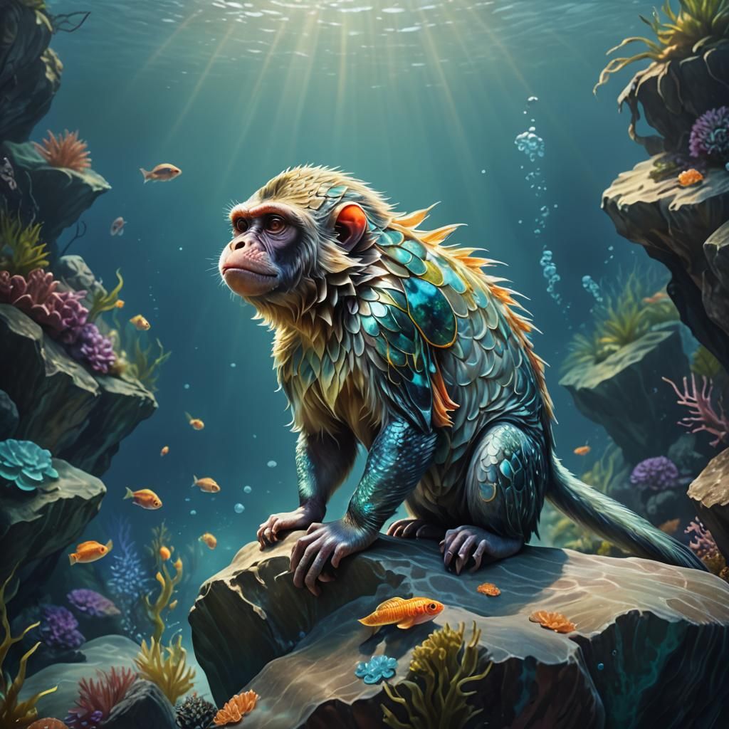 Realistic digital painting of a monkey-fish hybrid, curious ...