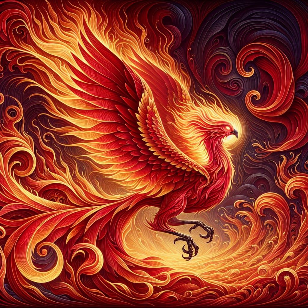 Radiant Fire Phoenix Gliding Above Flame River