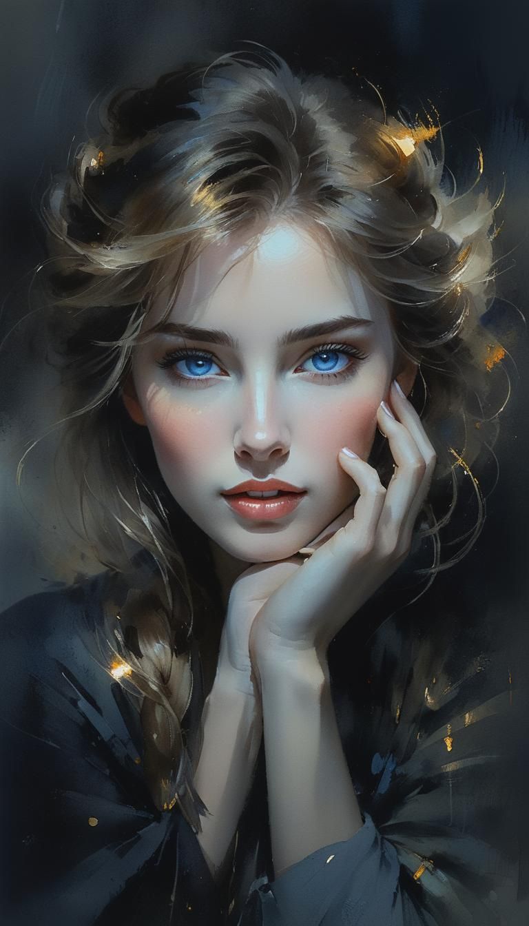 Impressionist portrait. Close-up. A beautiful woman with blu...