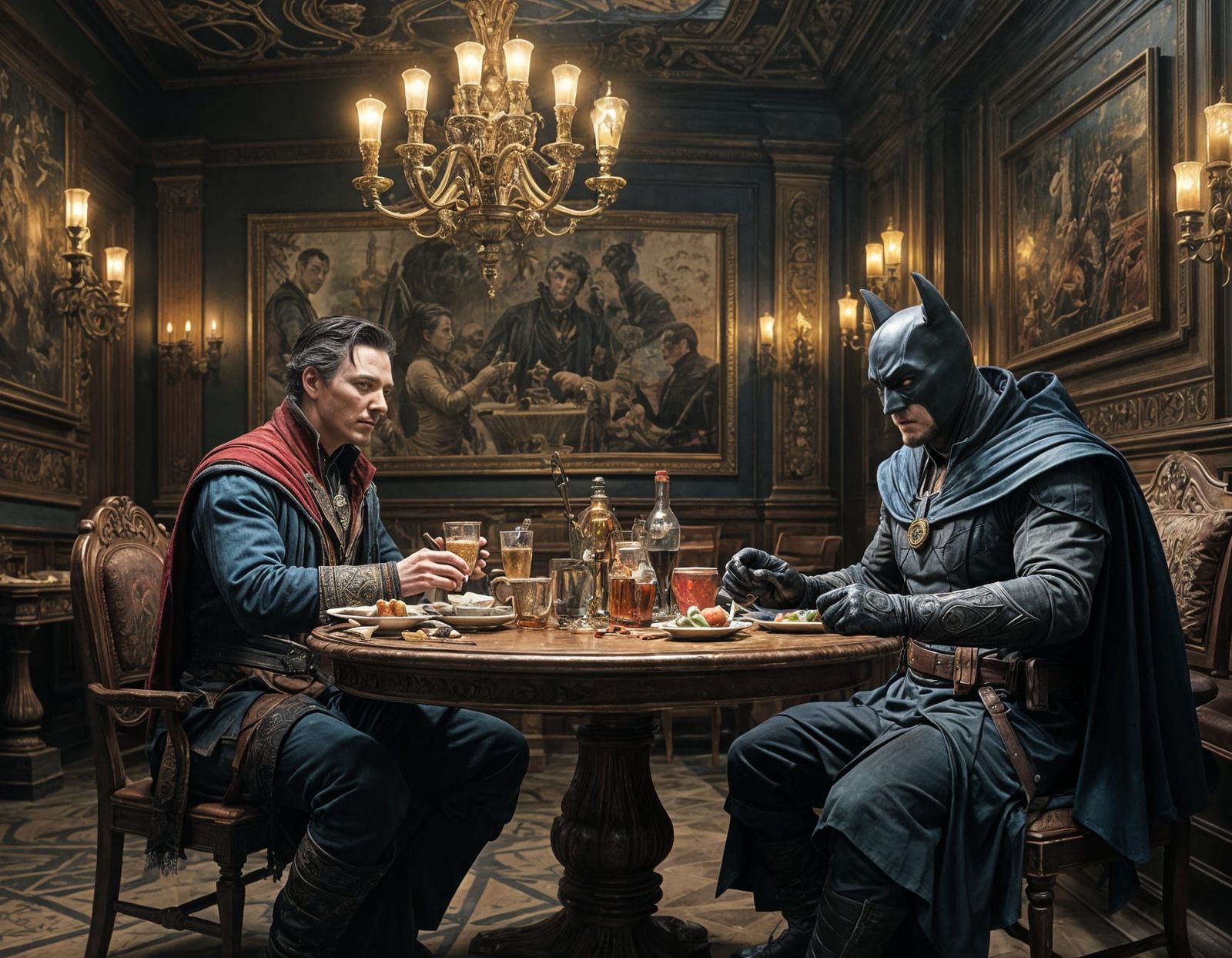Doctor Strange and Batman in Prague Cafe, Hyperrealistic 3D