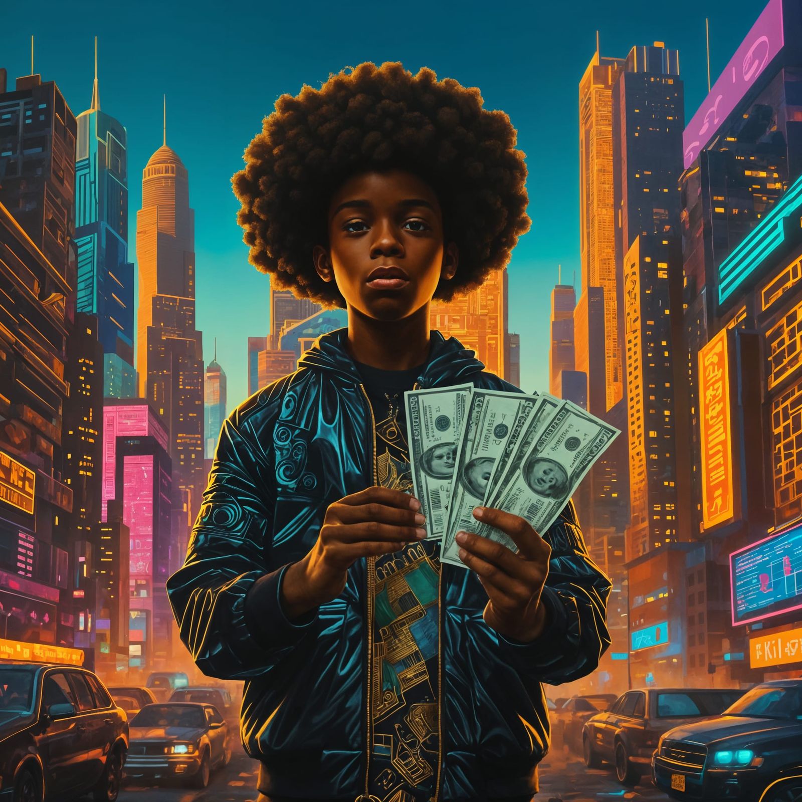 Afrofuturist Cyberpunk Masterpiece with Vibrant Colors and I...
