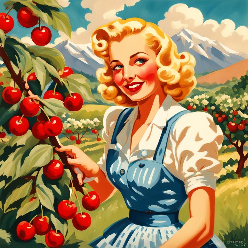 Vintage Pin-Up Girl Picking Cherries in Orchard