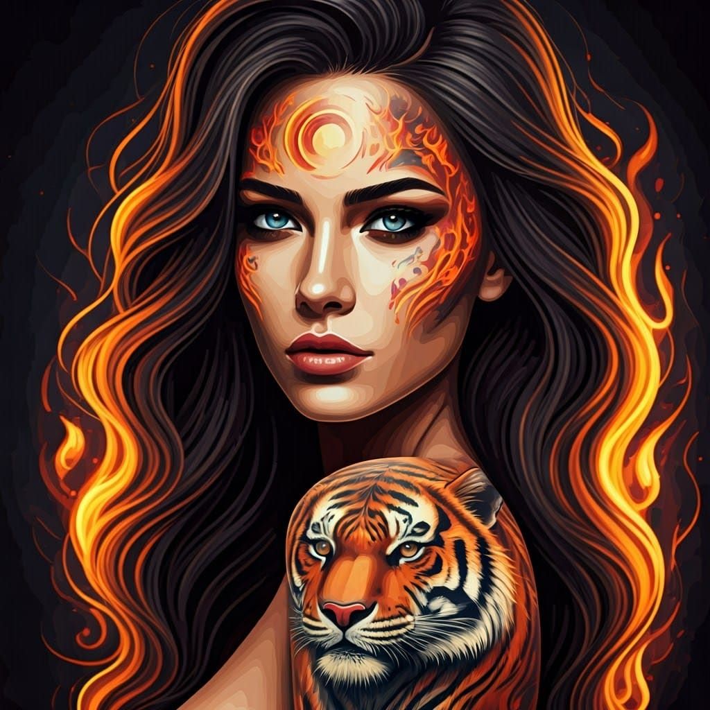 woman with a tattoo of fire tiger, flame, portrait, mafe of ...