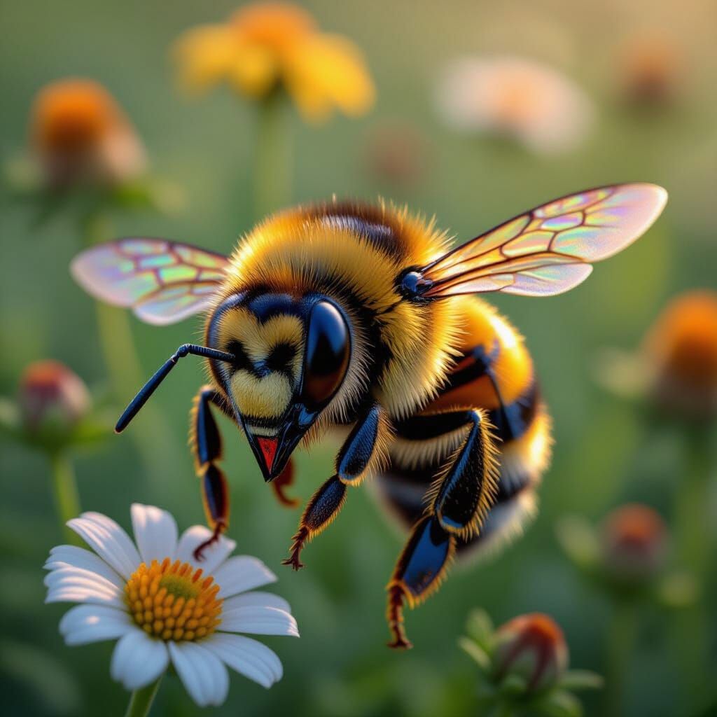 Honeybee Eye Reflecting Wildflowers in Hyperrealistic Style