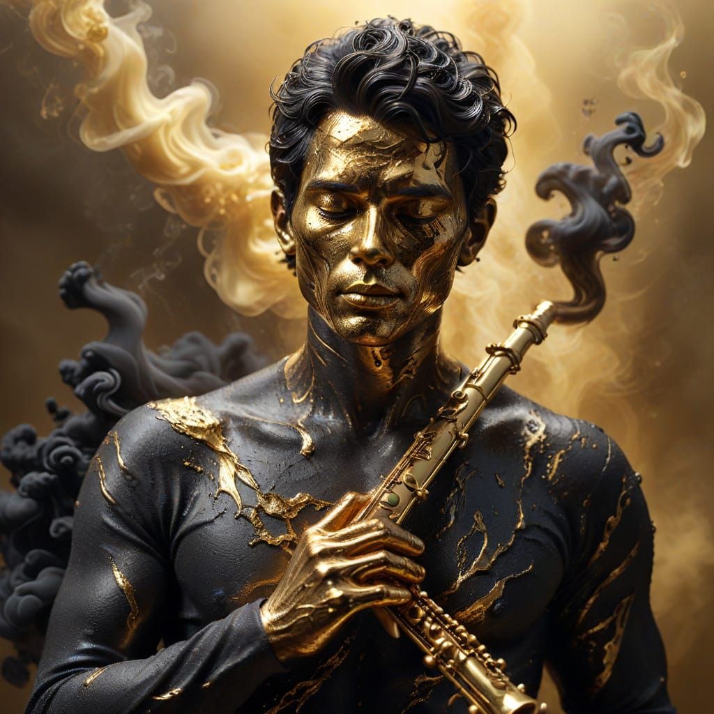 Gold Sculpture of Man with Smoke Flute