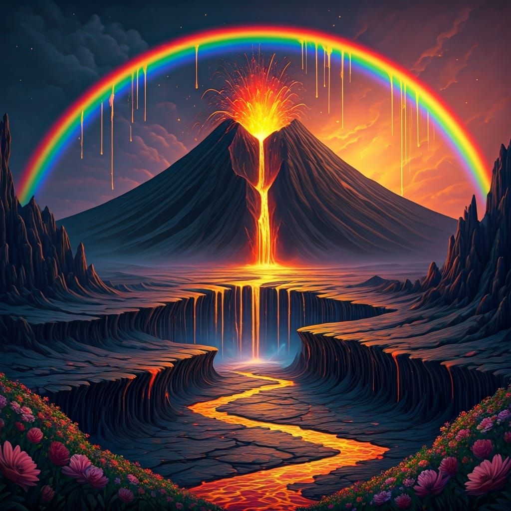 Melting Rainbow Flows into Volcanic Landscape