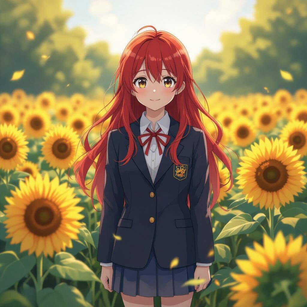 Anime Boy in Sunflower Field, Ghibli-Inspired Art