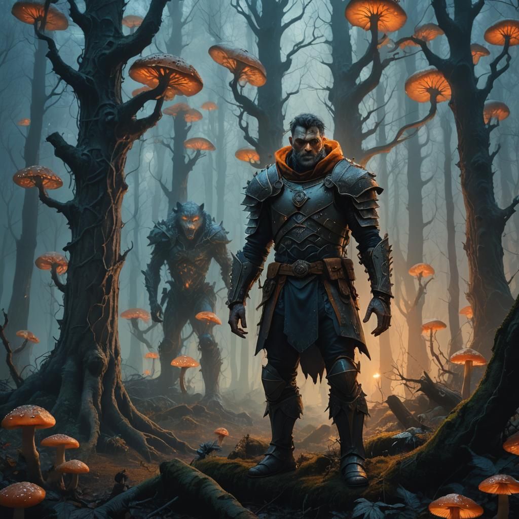 Werewolf Knight in Mystical Forest, Dark Fantasy Art