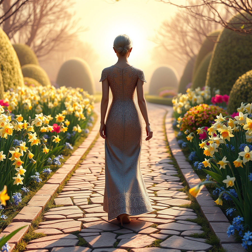 Garden Stroll in Ornate Gown: 3D Digital Art