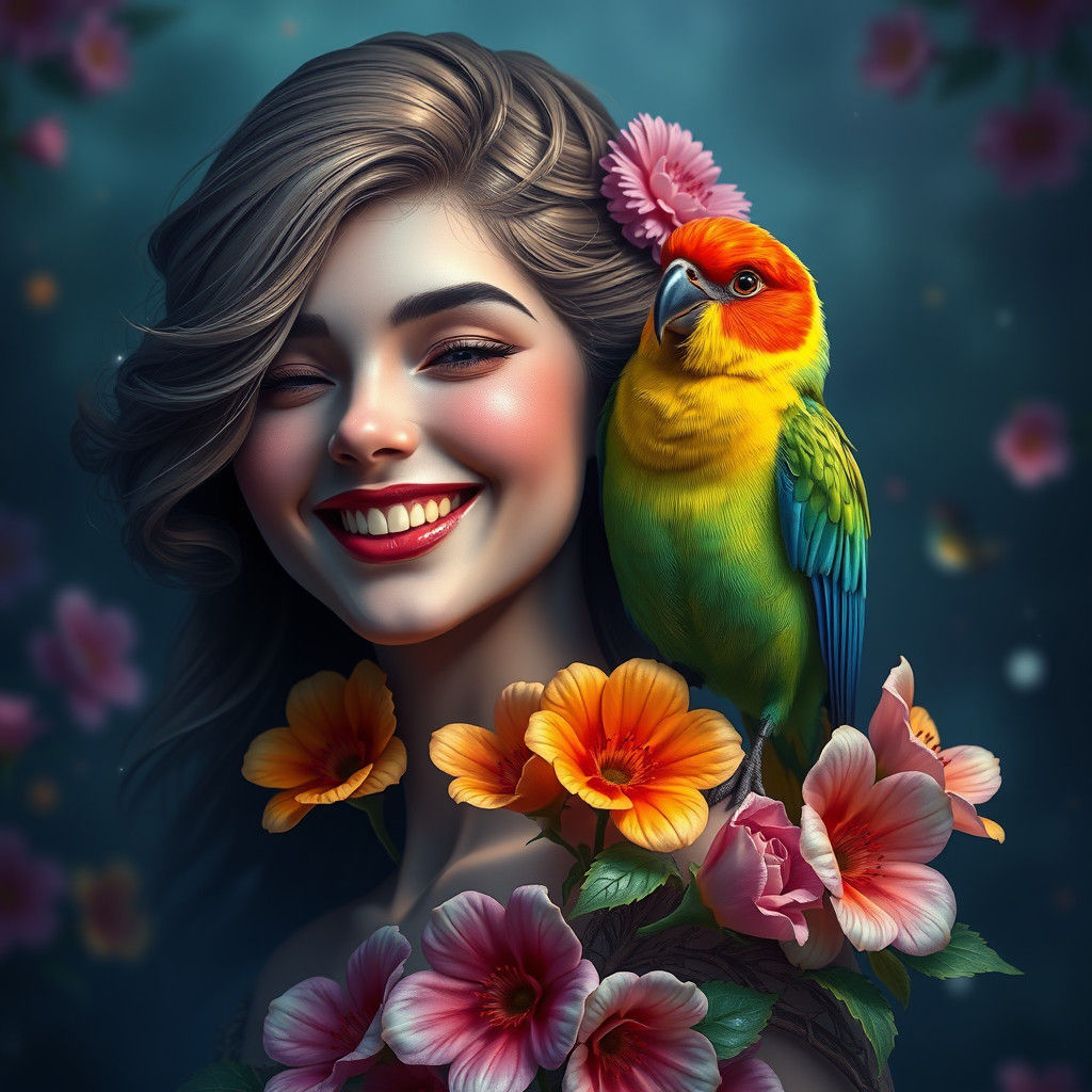 Woman with Blue Bird, Detailed Fantasy Art