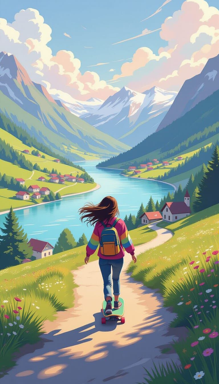 Girl on Skateboard Gliding Down Mountain Path