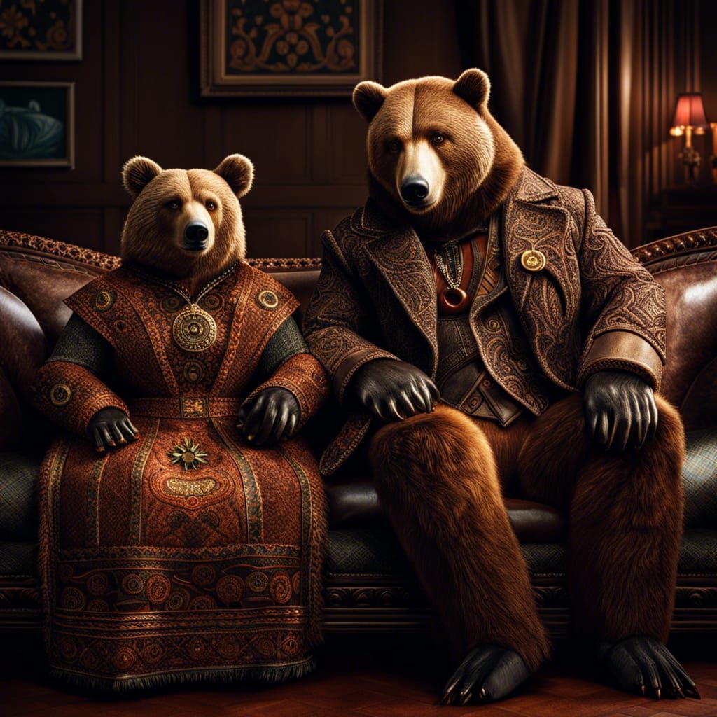 Hyperrealistic Anthropomorphic Bears on a Couch