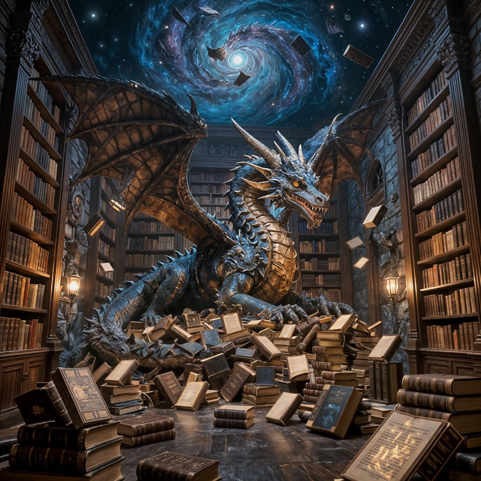 Ancient Dragon in Victorian Library with Floating Books