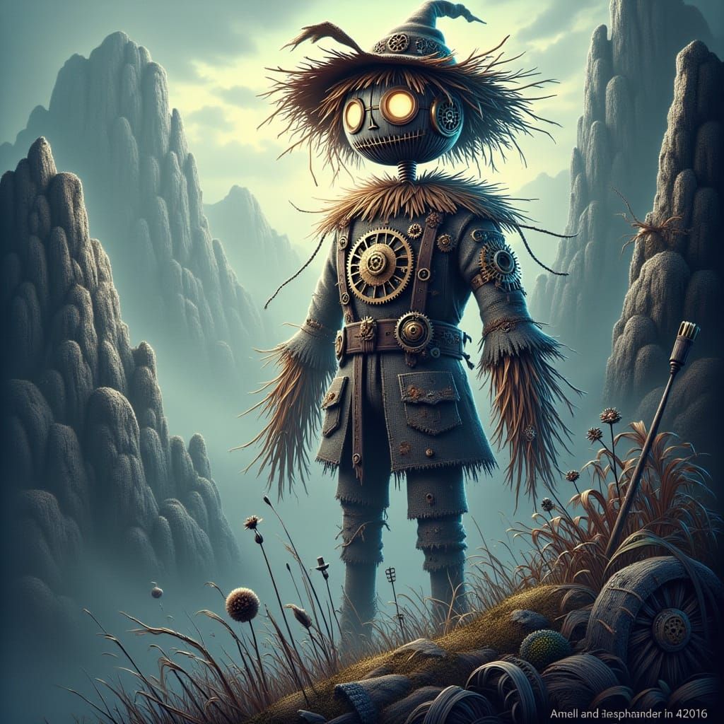 Majestic Steampunk Scarecrow in Clockwork Glory