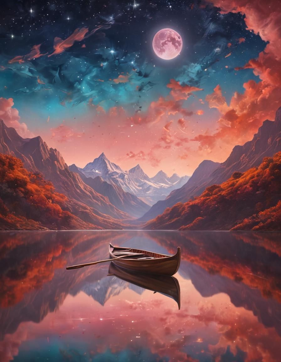 Surreal Moonlit Lake with Boat, Oil Painting