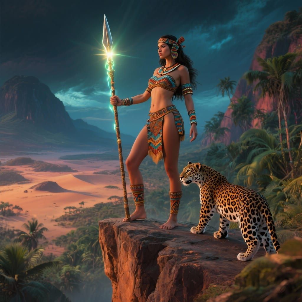 Aztec Warrior Woman with Glowing Spear on Cliff