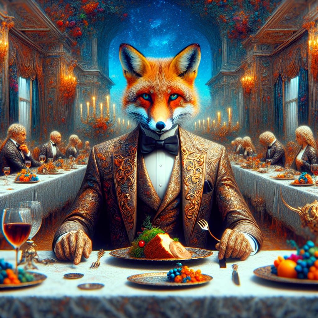 Anthropomorphic Fox in Tuxedo at Fantasy Dinner Party