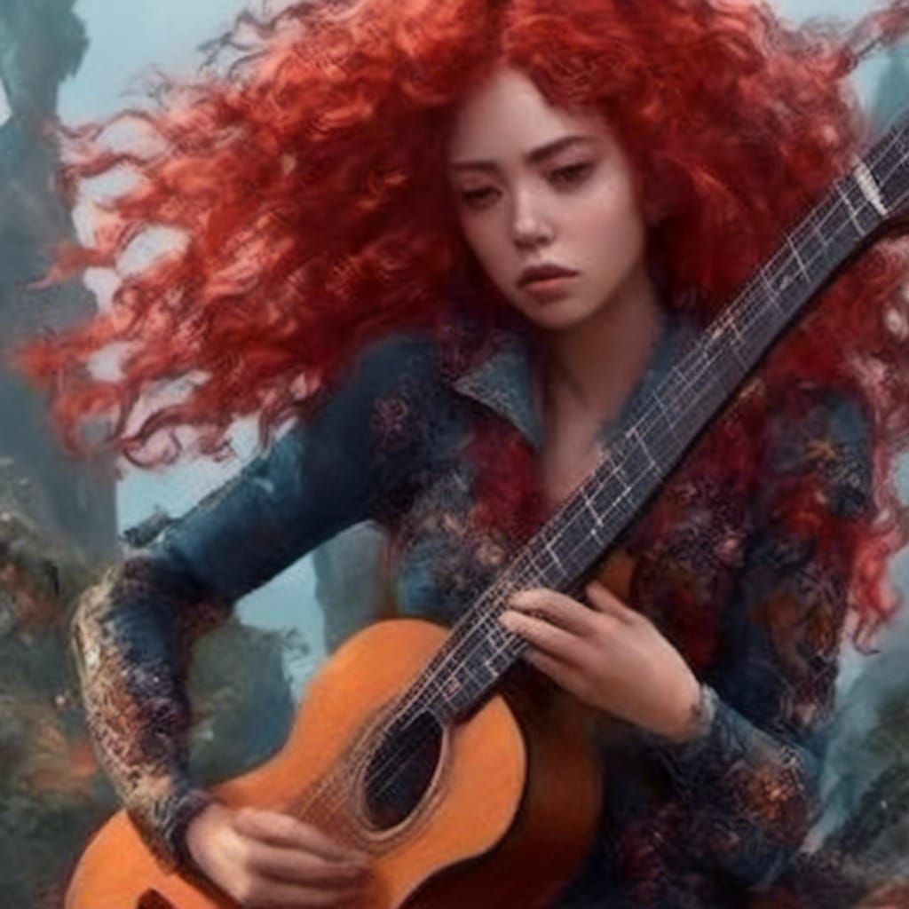 Red-Haired Girl Playing Guitar in Fantasy Art Style