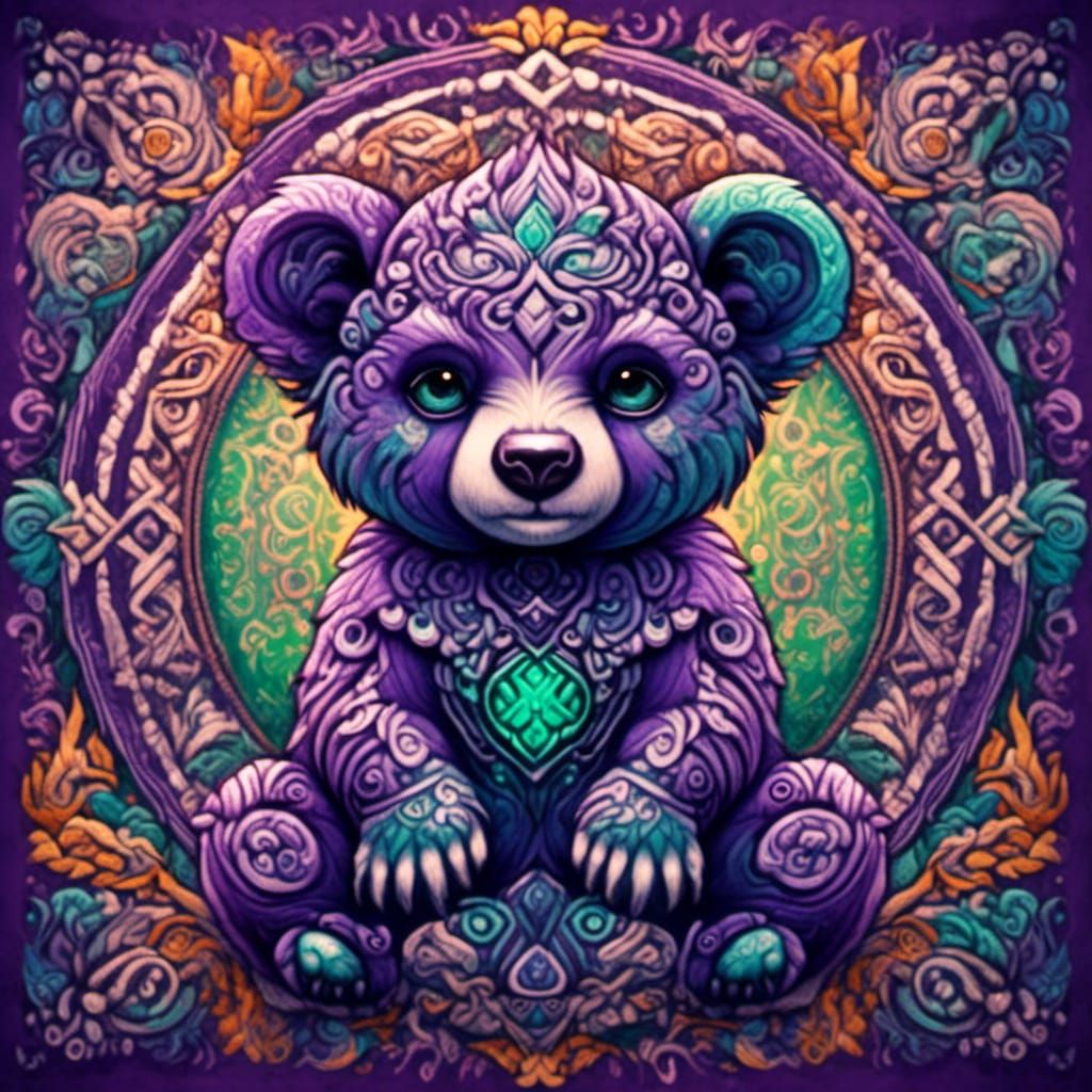 Vibrant Chibi Bear Cub in Tantra Art Style