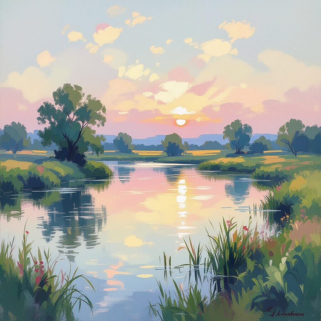 Serene Impressionistic Landscape with Ethereal Qualities