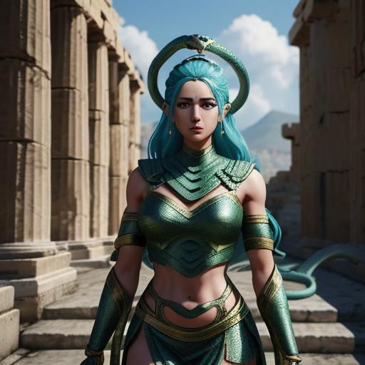 Ancient Greek Woman Transforms into Snake: 3D Anime Art