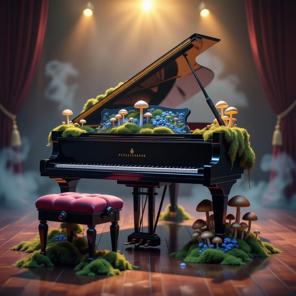 Magical Piano Covered in Moss and Mushrooms