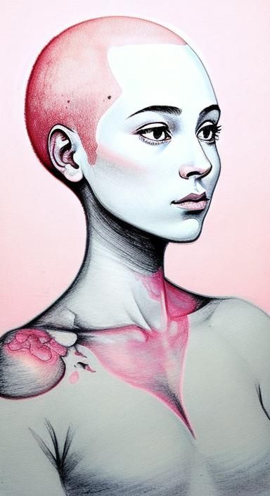 Psychedelic Silhouette: Bald Girl with Flowers, Minimalist A...