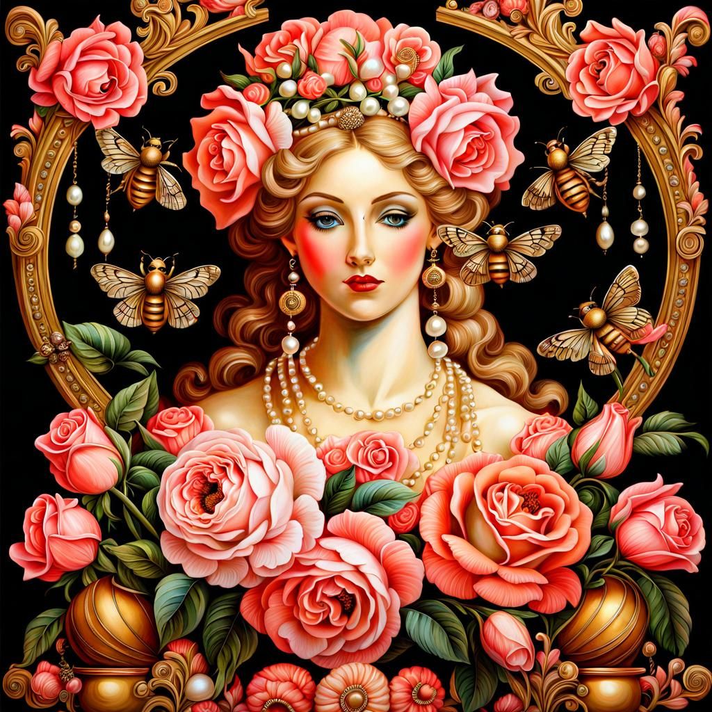 Renaissance Painting of Roses, Aphrodite and Honeybees
