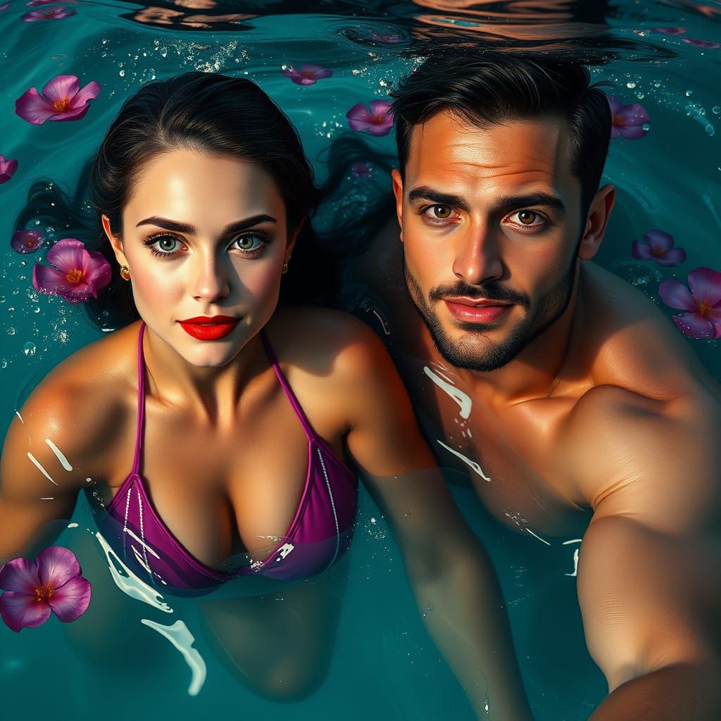 Couple in Turquoise Lake with Dolphins, Fantasy Art