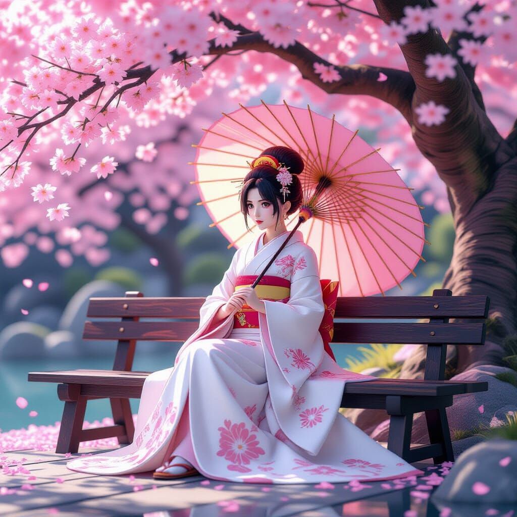 Japanese Princess Under Cherry Blossoms in 3D Anime Style