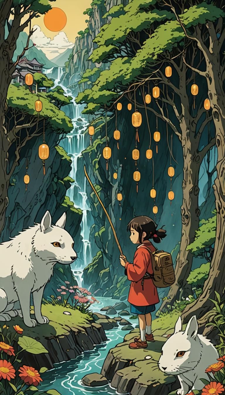 Seven of Wands Tarot Card: Ghibli Style