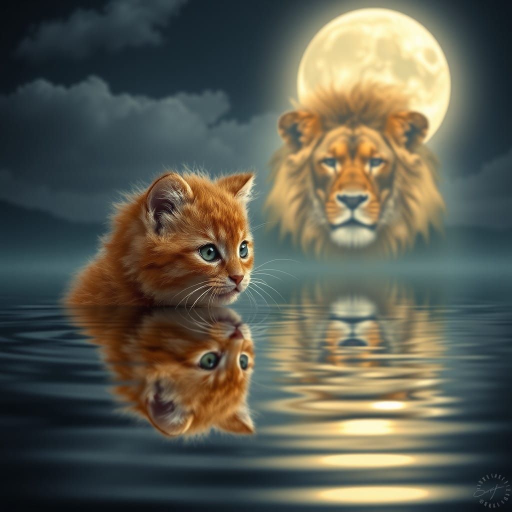 Ginger Kitten Sees Majestic Lion Reflection in Moonlit Lake