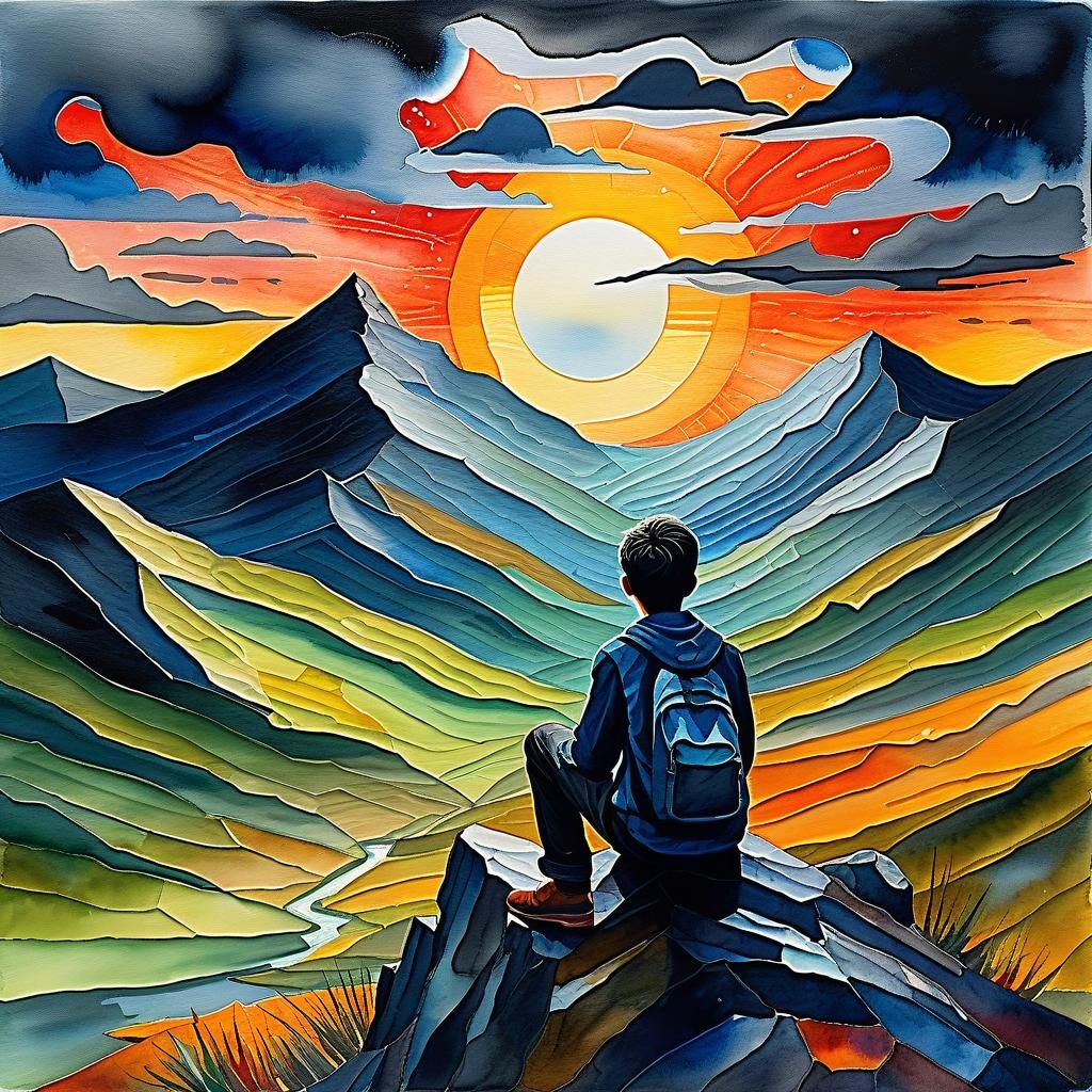 Boy Remembers Father: Surreal Impressionistic Watercolor