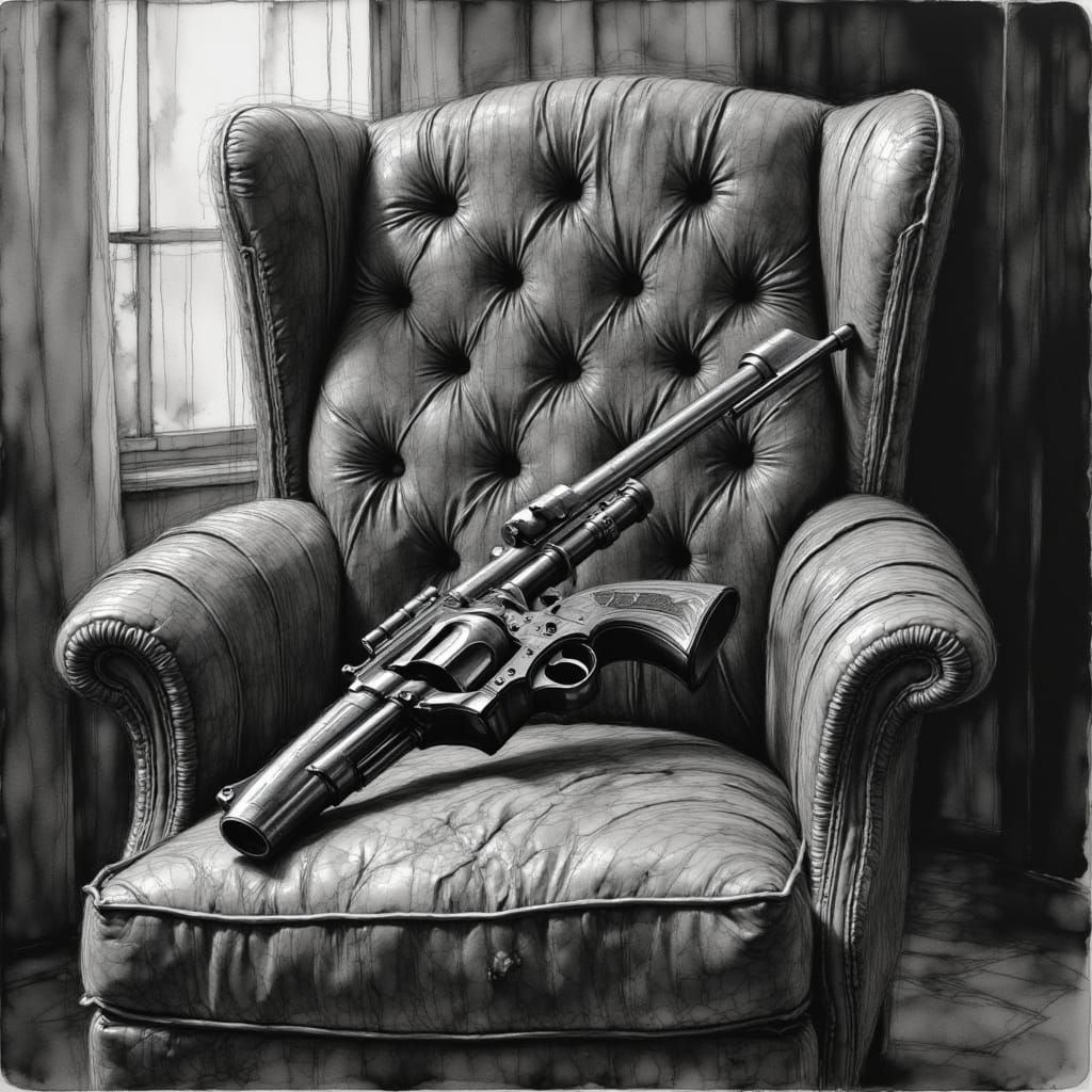 Hyperdetailed Charcoal Drawing of Revolver on Chair