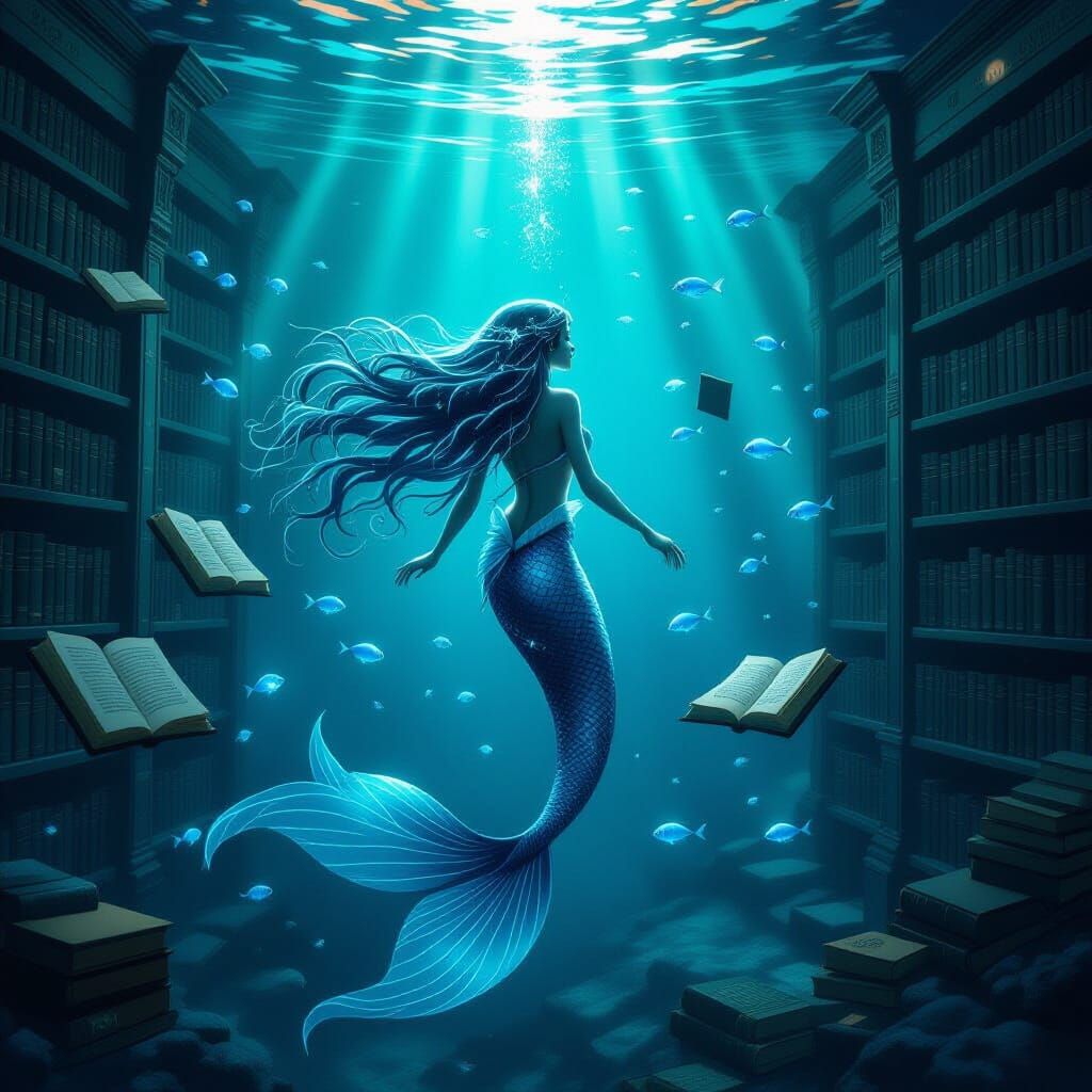 Starlight Mermaid Explores Sunken Library in Atmospheric Fan...