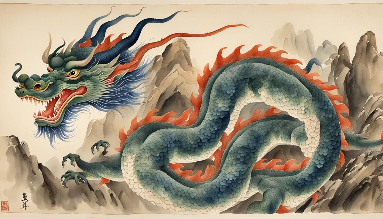 Chinese Watercolor Portrait of a Great Dragon