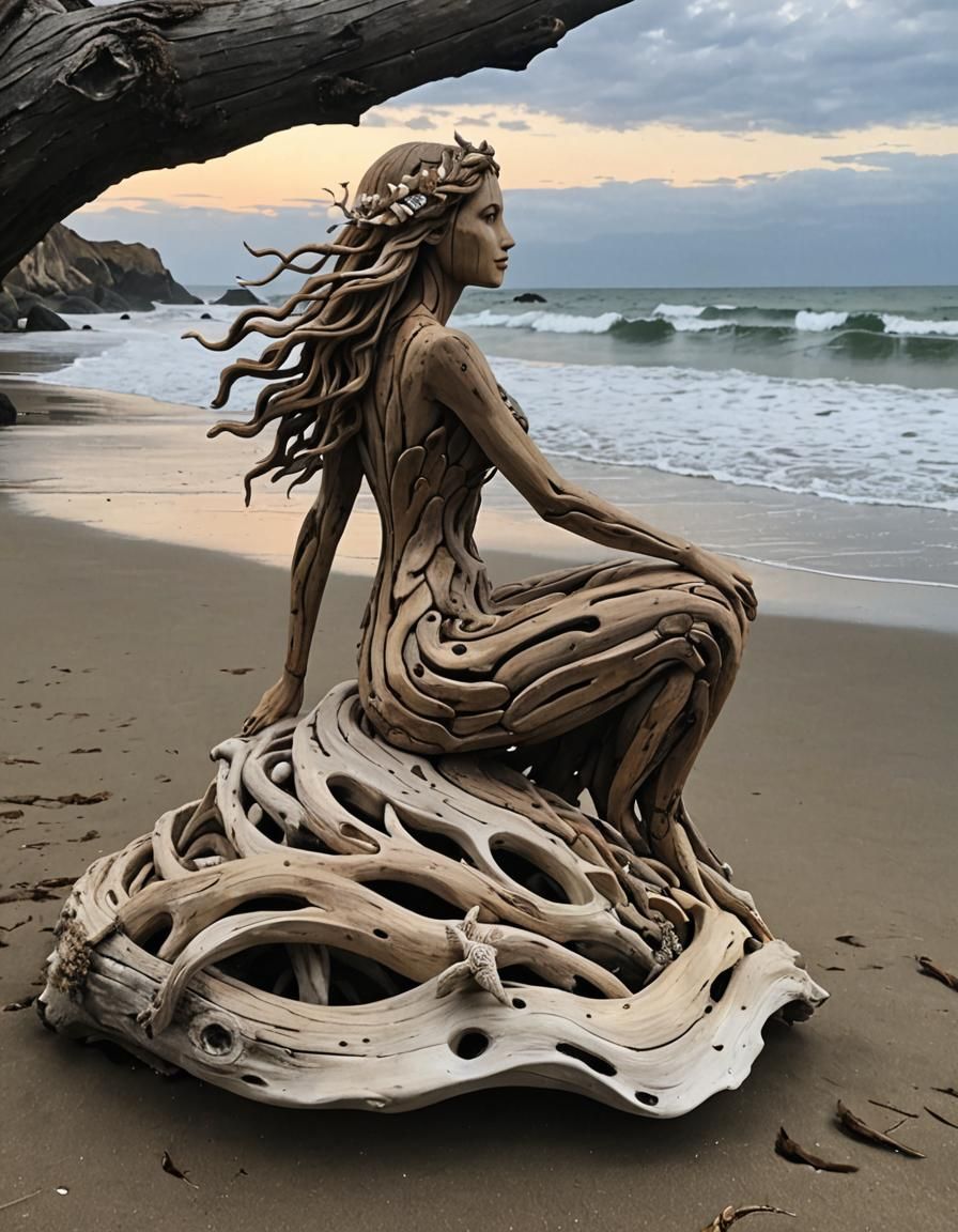 Driftwood Mermaid Sculpture on a Beach