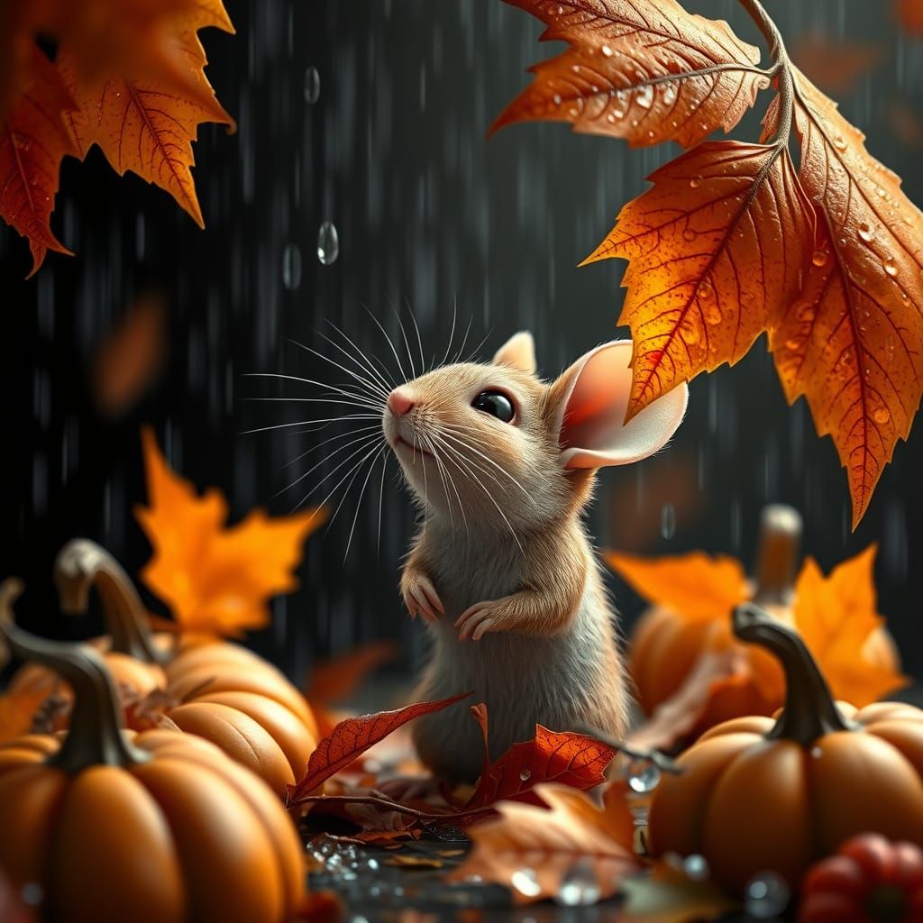 Adorable Mouse Under Autumn Leaf in Crystal Art Style